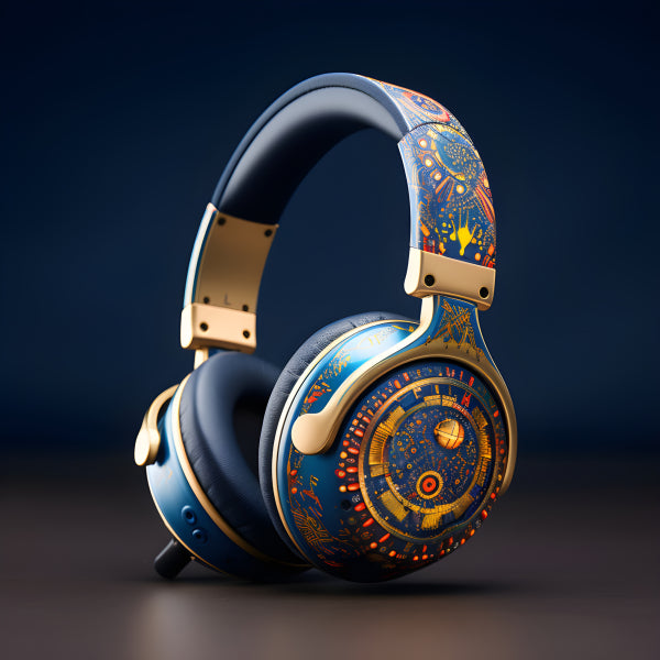 Vinyl Decal, Luxurious Blue and Gold Headphones Wall Art Poster, 5 x 7 or 8 x 10 Inch Unframed Poste