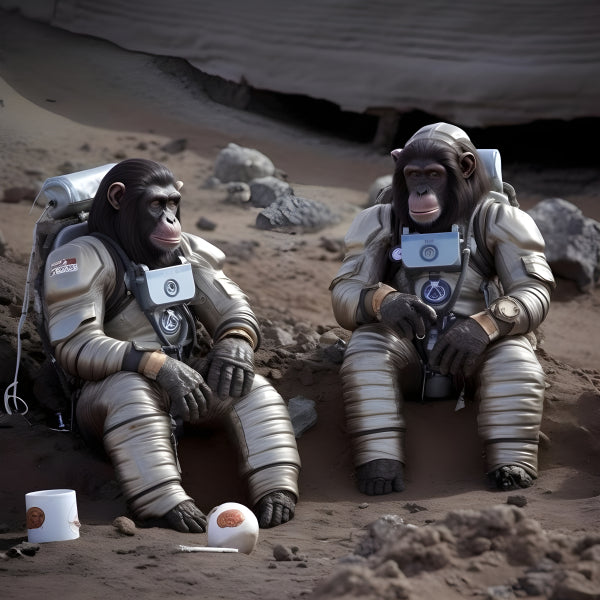 Vinyl Decal Two Chimpanzee Astronauts Sitting on Mars Surface, Space Exploration Art Print, Surreal