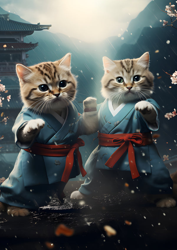Vinyl Decal, Cute Kung Fu Kittens Martial Arts Wall Art Poster for Home Decor, 5 x 7 or 8 x 10 Inch