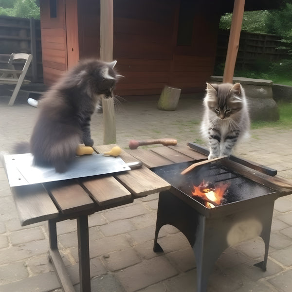 Vinyl Decal Two adorable Maine Coon kittens enjoy an outdoor backyard BBQ cooking adventure on a min