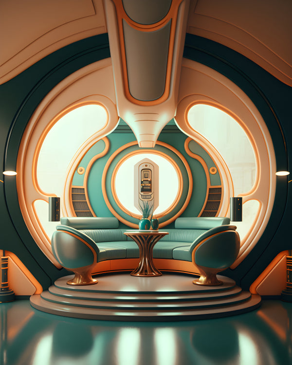 Vinyl Decal, Retro Futuristic Spaceship Interior Wall Art Poster Teal Gold Art Deco Modern Sci-Fi De