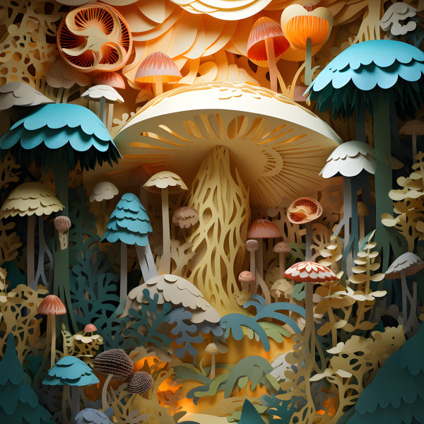 Vinyl Decal, Whimsical 3D Paper Cut Mushroom Forest Wall Art Poster Unique Fantasy Home Decor, 5 x 7