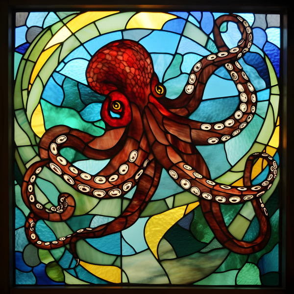 Vinyl Decal, Vibrant Red Octopus Stained Glass Style Wall Art Poster Unique Coastal Ocean Sea Life,