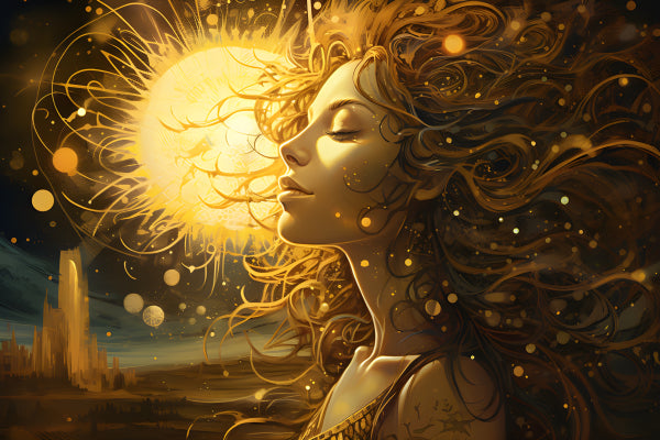 Vinyl Decal, Golden Radiance Woman Poster Celestial Sun Energy Art Print, 5 x 7 or 8 x 10 Inch Unfra