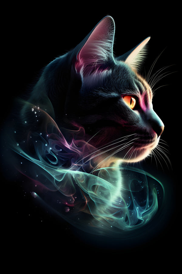 Vinyl Decal, Mesmerizing Neon Cat Wall Art Poster Vibrant Glowing Feline Picture Print Futuristic De