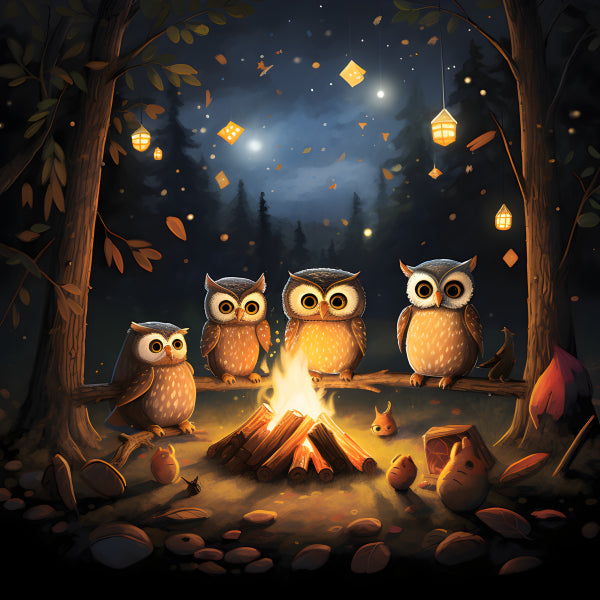 Vinyl Decal, Cozy Cartoon Owls Campfire Night Forest Wall Art Poster, 5 x 7 or 8 x 10 Inch Unframed
