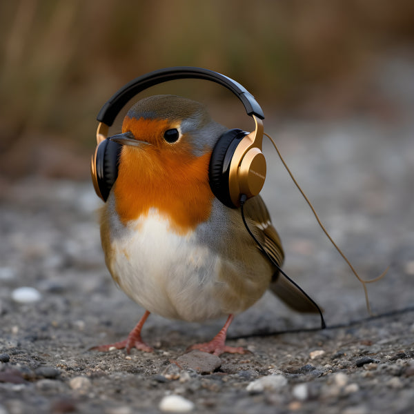 Vinyl Decal Adorable European Robin Bird Wearing Headphones Funny Animal Picture Print (5" x 7")