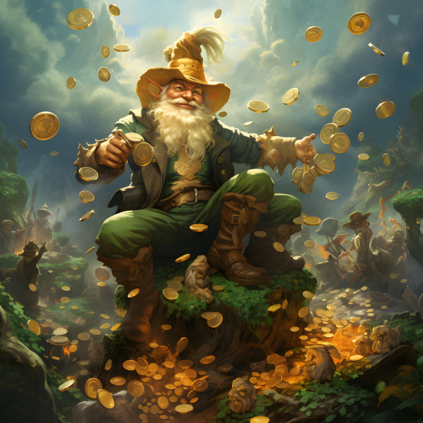 Vinyl Decal, Lucky Leprechaun King Raining Gold Coins Fantasy Wall Art Poster, 5 x 7 or 8 x 10 Inch