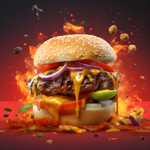 Vinyl Decal, Burger Wall Art Poster - Fiery Cheeseburger Kitchen Decor, 5 x 7 or 8 x 10 Inch Unframe