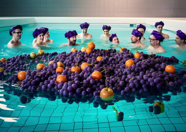 Vinyl Decal, Swimming Pool Art Print Grapes Oranges Funky Fruit Wall Art Poster, 5 x 7 or 8 x 10 Inc