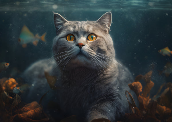 Vinyl Decal Grey British Shorthair Cat with Striking Orange Eyes Underwater Art Print, Feline Home D