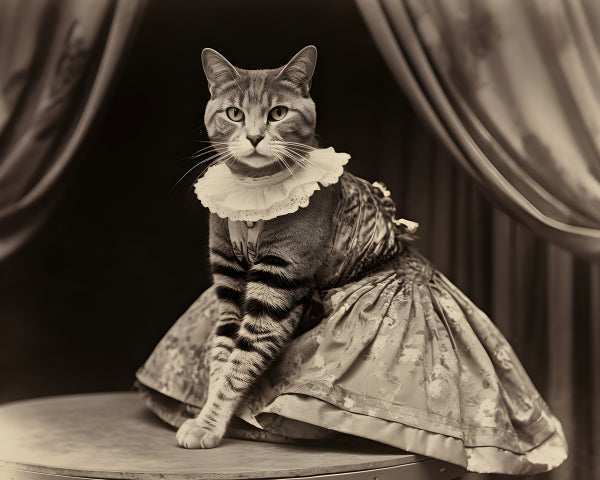 Vinyl Decal Vintage Victorian Cat in Elegant Dress Photographic Print, Whimsical Feline Portrait, Un