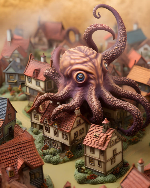 Vinyl Decal, Whimsical Octopus Monster in Miniature Village Wall Art Print, 5 x 7 or 8 x 10 Inch Unf