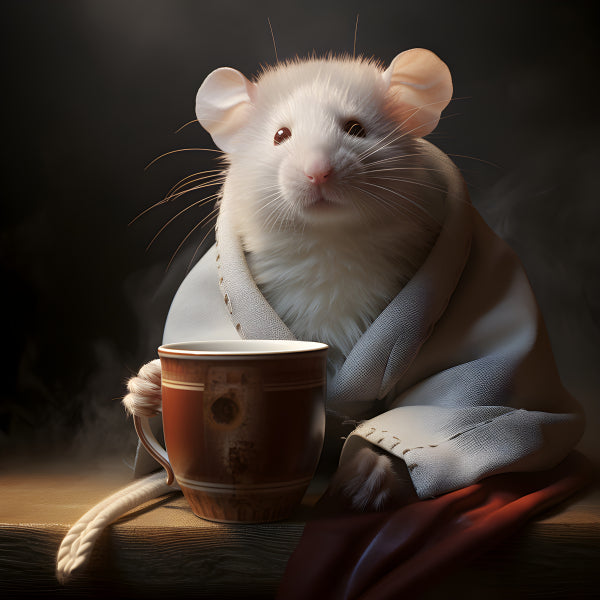 Vinyl Decal Cozy White Mouse in Robe Enjoying a Warm Cup of Coffee on a Wooden Table, Charming Anima