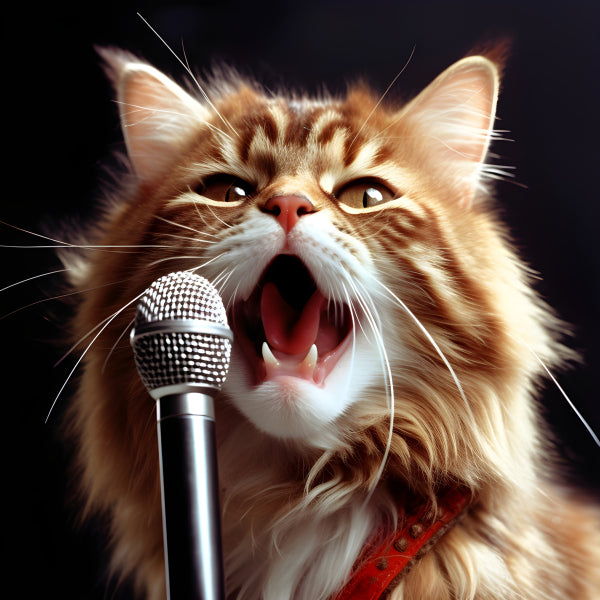 Vinyl Decal Funny Fluffy Cat Singing into Microphone Wall Art Print, Adorable Feline Rock Star Music