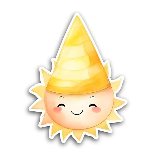 2 (Pieces) 3" and 5" Yellow Sun with Party Hat Sticker, Waterproof Vinyl Decals for Many Purpose Lik