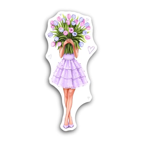 2 (Pieces) 3" and 5" Girl with Flower Bouquet Sticker, Waterproof Vinyl Decals for Many Purpose Like