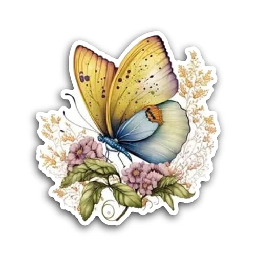 2 (Pieces) 3" and 5" Butterfly with Flowers and Leaves Sticker, Waterproof Vinyl Decals for Many Pur