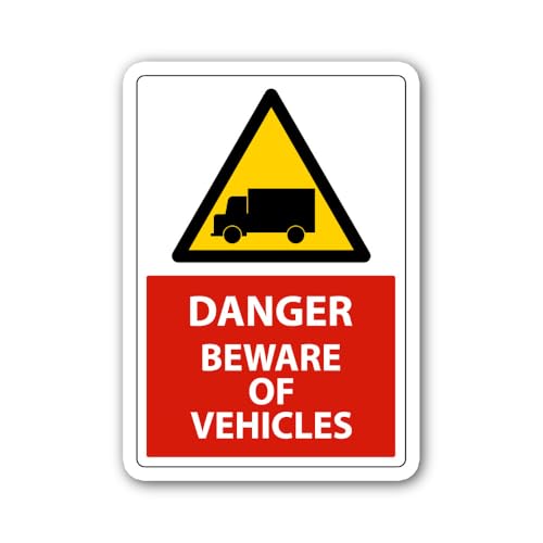 2 (Pieces) 3" and 5" Danger Beware of Vehicles Sticker, Waterproof Vinyl Decals for Many Purpose Lik