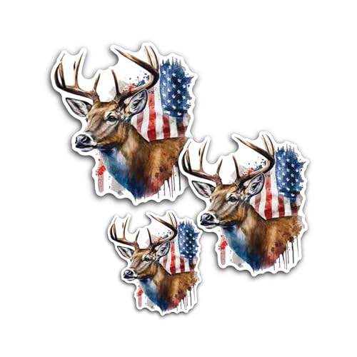 3 (Pieces) 1" 2" and 3" Deer with Background in American Flag Decal Sticker, Waterproof & Scratch Re