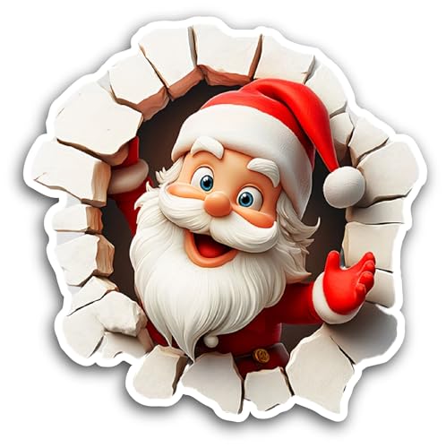 2 (Pieces) 3" and 5" Cartoon Santa Breaking Through A Hole Sticker, Waterproof Vinyl Decals for Many