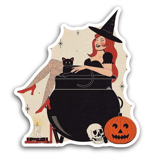 2 (Pieces) 3" and 5" Witch with Cat Sticker, Waterproof Vinyl Decals for Many Purpose Like Cars, Tru