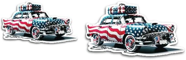 2 (Pieces) 3"" and 5"" Car with Luggage in American Flag Design Decal Sticker,