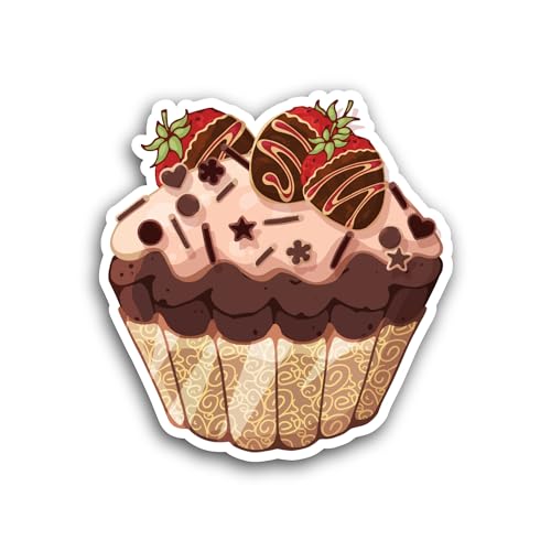 2 (Pieces) 3" and 5" Chocolate Cupcake with Strawberry Sticker, Waterproof Vinyl Decals for Many Pur