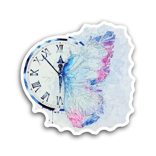 2 (Pieces) 3" and 5" Blue Butterfly with Clock Sticker, Waterproof Vinyl Decals for Many Purpose Lik
