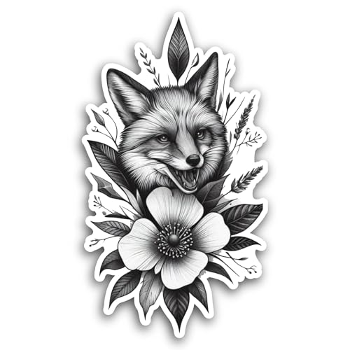 2 (Pieces) 3" and 5" Fox with Wildflowers Sticker, Waterproof Vinyl Decals for Many Purpose Like Car