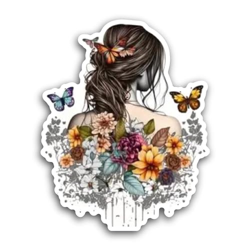 2 (Pieces) 3" and 5" Girl with Flowers and Butterfly Sticker, Waterproof Vinyl Decals for Many Purpo