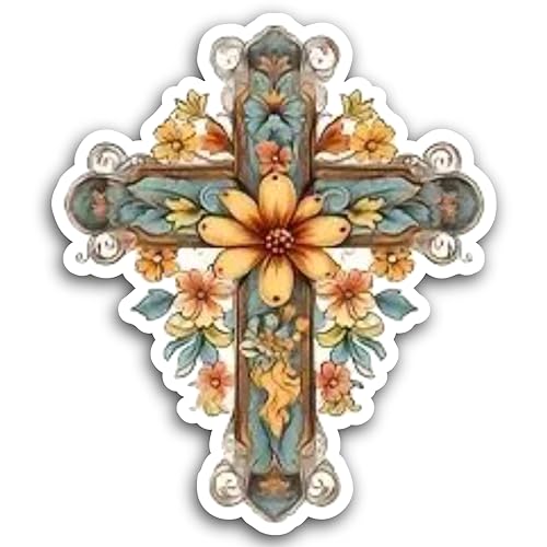 2 (Pieces) 3" and 5" Cross with Orange Flower at The Center Decal Sticker, Waterproof Vinyl Decals f
