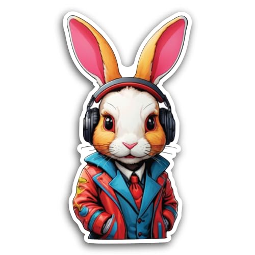 2 (Pieces) 3" and 5" Rabbit in A Jacket and Headphones Sticker, Waterproof Vinyl Decals for Many Pur