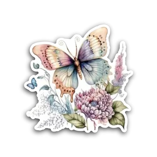2 (Pieces) 3" and 5" Butterfly on a Flower Sticker, Waterproof Vinyl Decals for Many Purpose Like Ca
