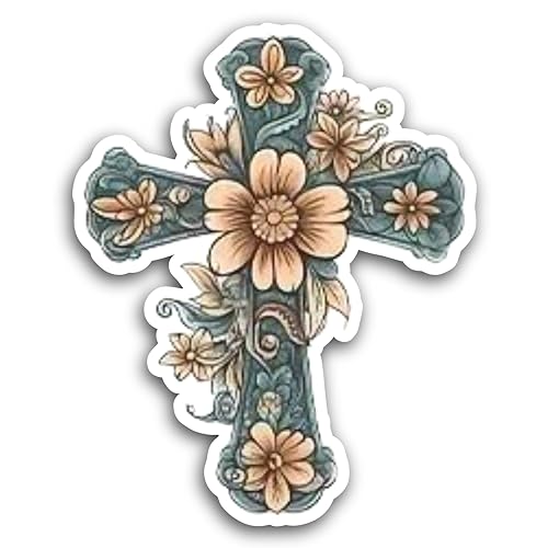 2 (Pieces) 3" and 5" Blue Cross with Orange Colour Flower at The Center Decal Sticker, Waterproof Vi