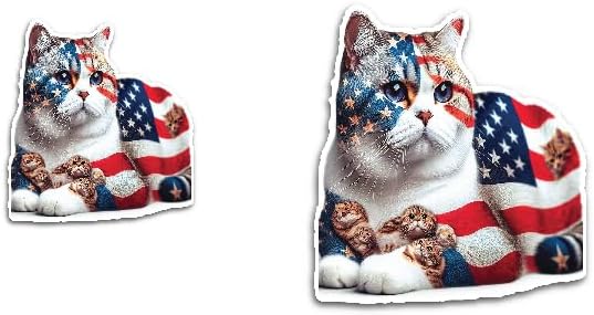2 (Pieces) 3" and 5" Cat with USA Flag Design Colour Decal Sticker, Waterproof Vinyl Decals for Many Purpose Like Cars, Trucks, Laptops, Phones, Windows and More