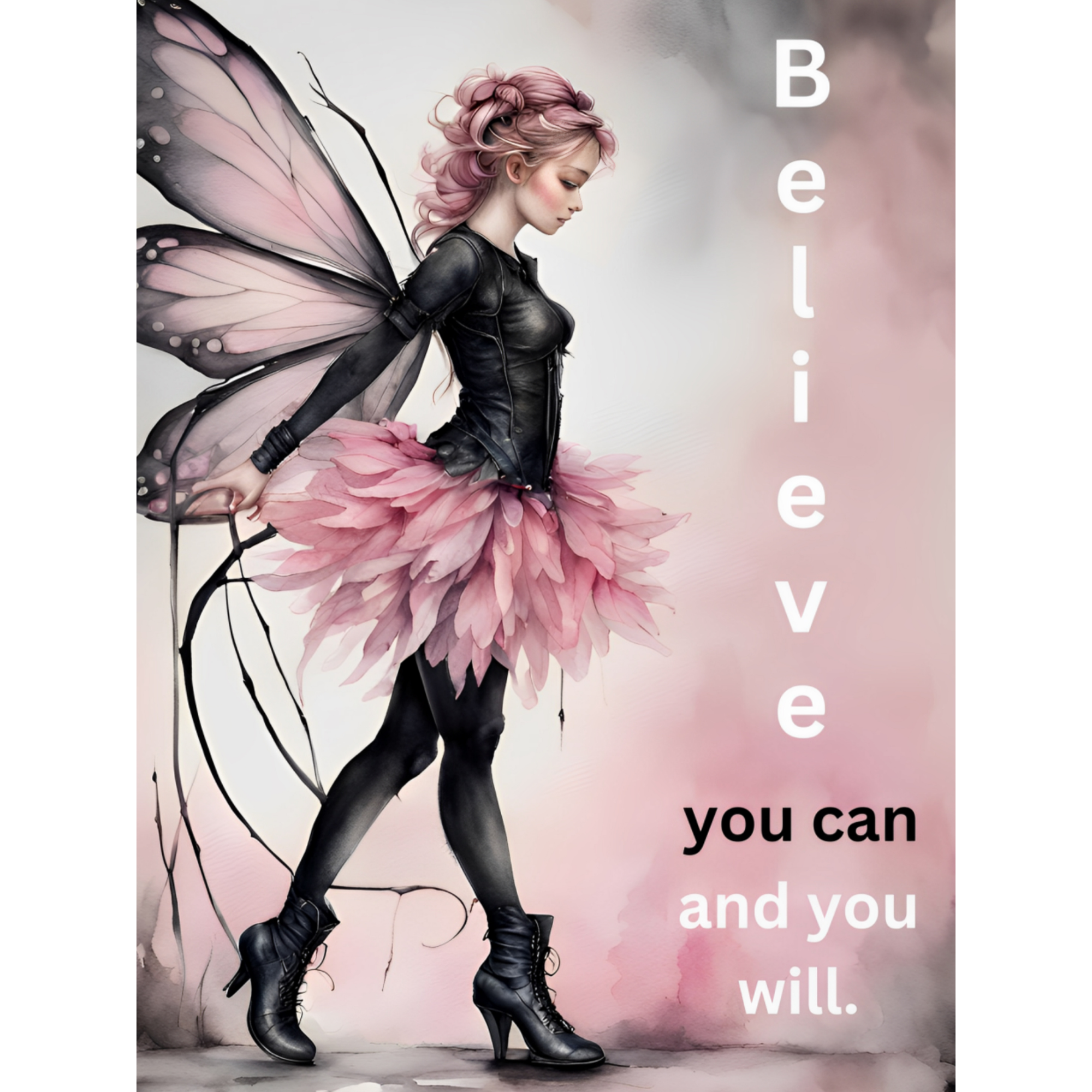 Vinyl Decal, Inspirational Art Print Featuring a Fairy Figure with Pink Wings and Skirt, Motivationa