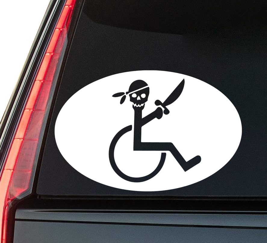 Handicap Pirate Window Vinyl Decal Sticker 6" (White), Waterproof Vinyl Decals for Many Purpose Like Cars, Trucks, Laptops, Phones, Windows and More