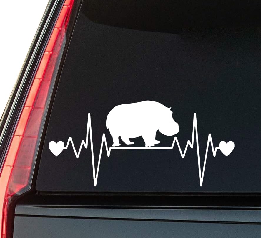 Hippo Heartbeat Window Vinyl Decal Sticker 6" (White), Waterproof Vinyl Decals for Many Purpose Like Cars, Trucks, Laptops, Phones, Windows and More