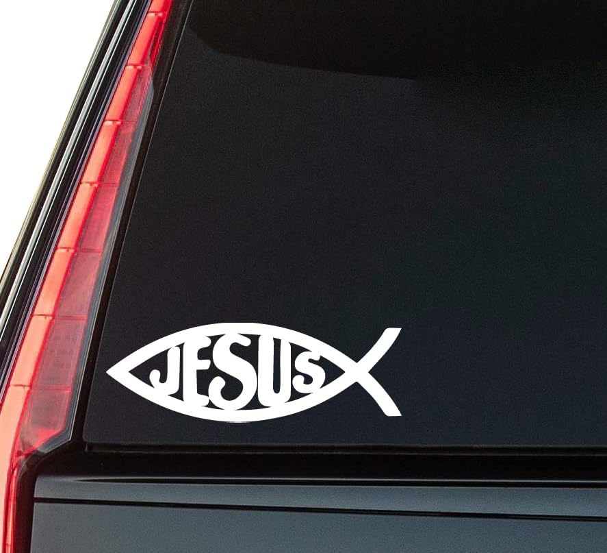 Jesus Fish Symbol Window Vinyl Decal Sticker 6" (White), Waterproof Vinyl Decals for Many Purpose Like Cars, Trucks, Laptops, Phones, Windows and More