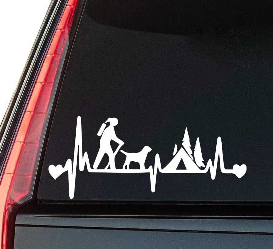Girl Hiker with Dog Window Vinyl Decal Sticker 6" (White), Waterproof Vinyl Decals for Many Purpose Like Cars, Trucks, Laptops, Phones, Windows and More
