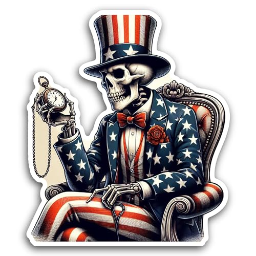 2 (Pieces) 3" and 5" Skeleton with a Hat and Timer in American Flag Decal Sticker, Waterproof Vinyl 