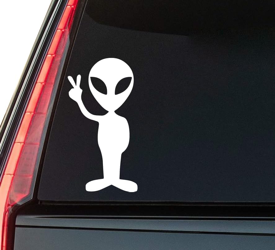 Peace Alien Window Vinyl Decal Sticker 6" (White), Waterproof Vinyl Decals for Many Purpose Like Cars, Trucks, Laptops, Phones, Windows and More
