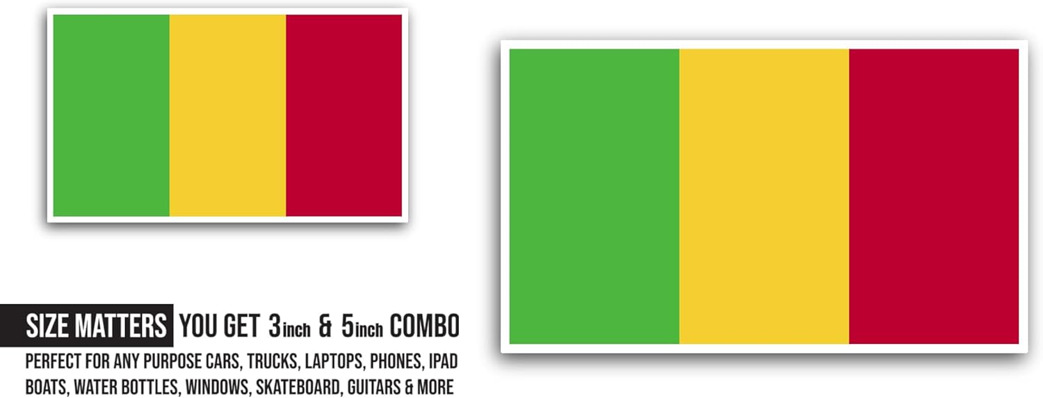 2 (Pieces) 3" and 5" Mali Flag Sticker, Waterproof Vinyl Decals for Many Purpose Like Cars, Trucks, Laptops, Phones, Windows and More
