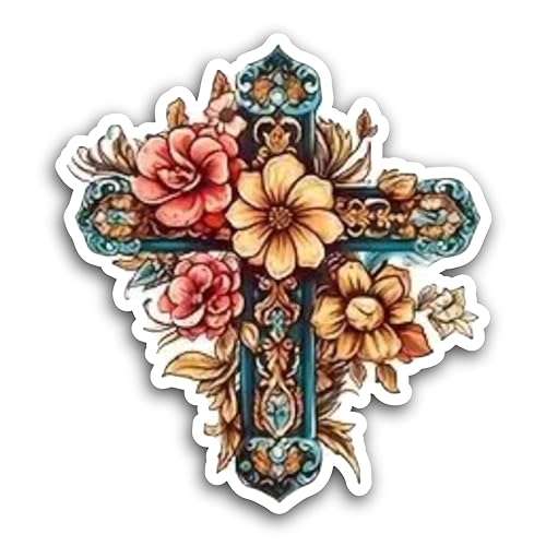 2 (Pieces) 3" and 5" Cross with Colorful Flowers Decal Sticker, Waterproof Vinyl Decals for Many Pur