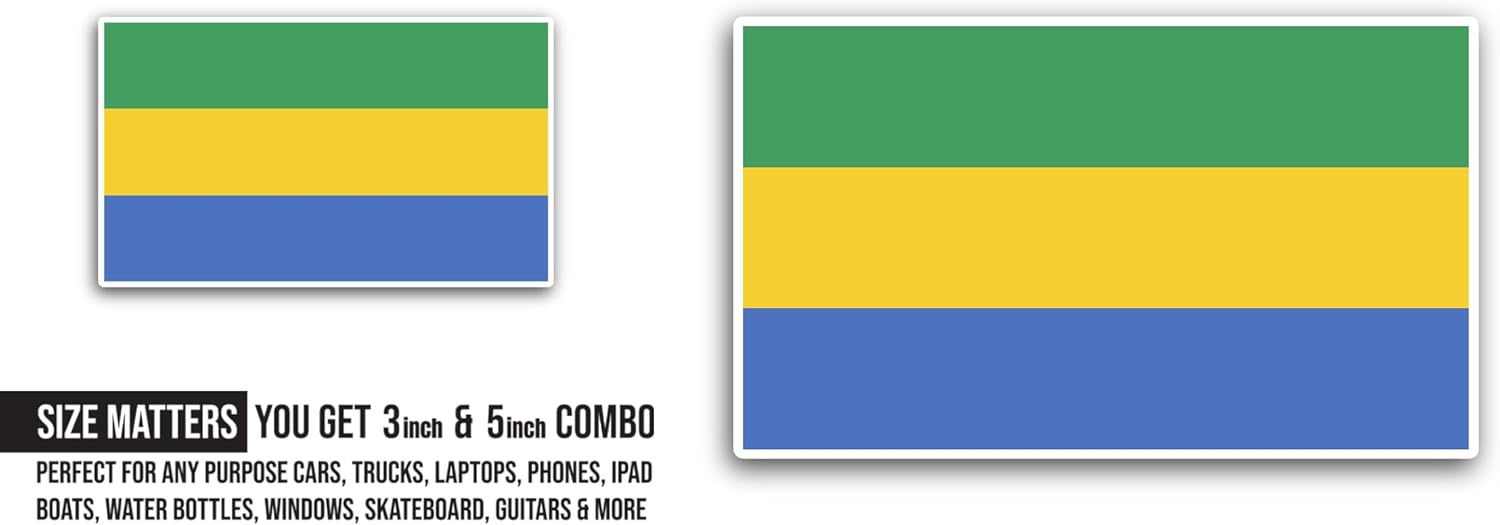 2 (Pieces) 3" and 5" Gabon Flag Sticker, Waterproof Vinyl Decals for Many Purpose Like Cars, Trucks, Laptops, Phones, Windows and More