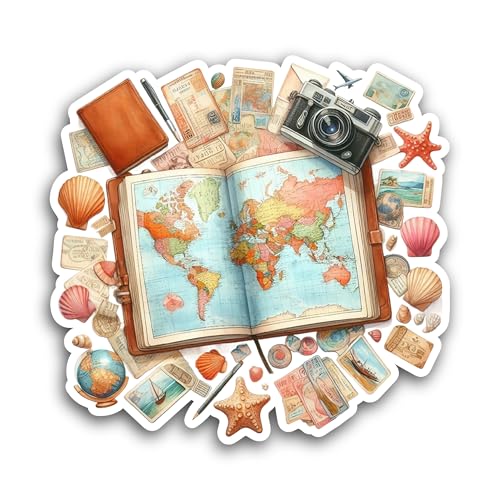 2 (Pieces) 3" and 5" World Map with Camera Sticker, Waterproof Vinyl Decals for Many Purpose Like Ca