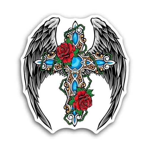 2 (Pieces) 3" and 5" Cross with Roses Sticker, Waterproof Vinyl Decals for Many Purpose Like Cars, T