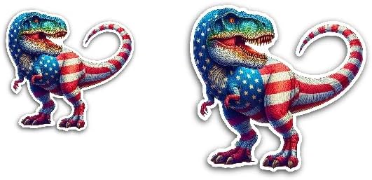 2 (Pieces) 3" and 5" Dinosaur Wondering in American Flag Color Decal Sticker,Waterproof Vinyl Decals for Many Purpose Like Cars, Trucks, Laptops, Phones, Windows and More