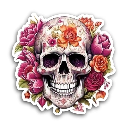2 (Pieces) 3" and 5" A Close Up of A Skull with Flower Sticker, Waterproof Vinyl Decals for Many Pur